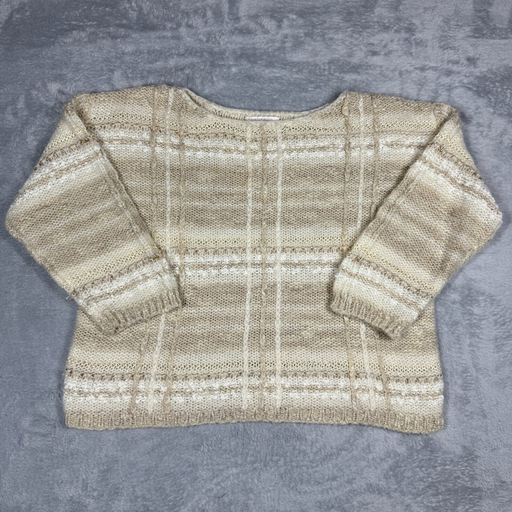 Vintage Beldoch Popper Sweater Women L Beige Cozy Textured Plaid Knit 80s
